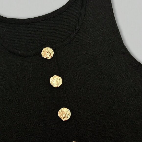 Black Casual Women's Metal Button Open Front Sleeveless Jacket - Picture 6 of 9
